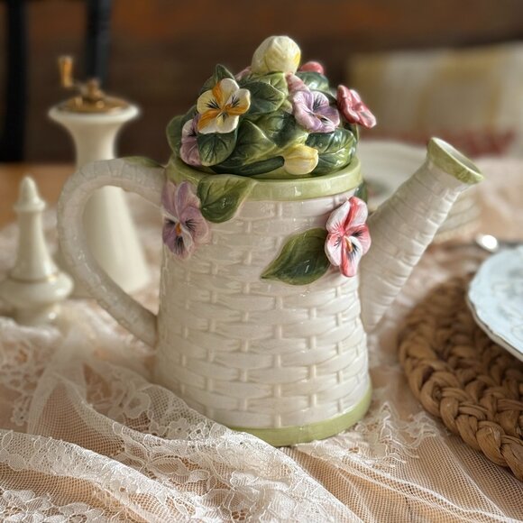 Vintage Ceramic Floral Teapot Pitcher – “Time to Celebrate” Basket Weave Teapot - Picture 1 of 8